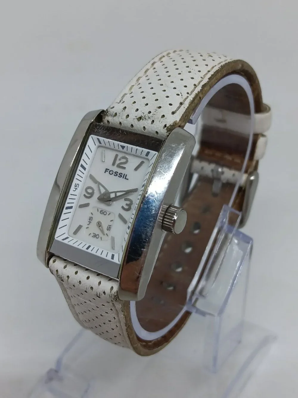 VINTAGE Fossil AM-4152 Women's 25mm x 33mm Silver S/Steel Leather Strap Watch